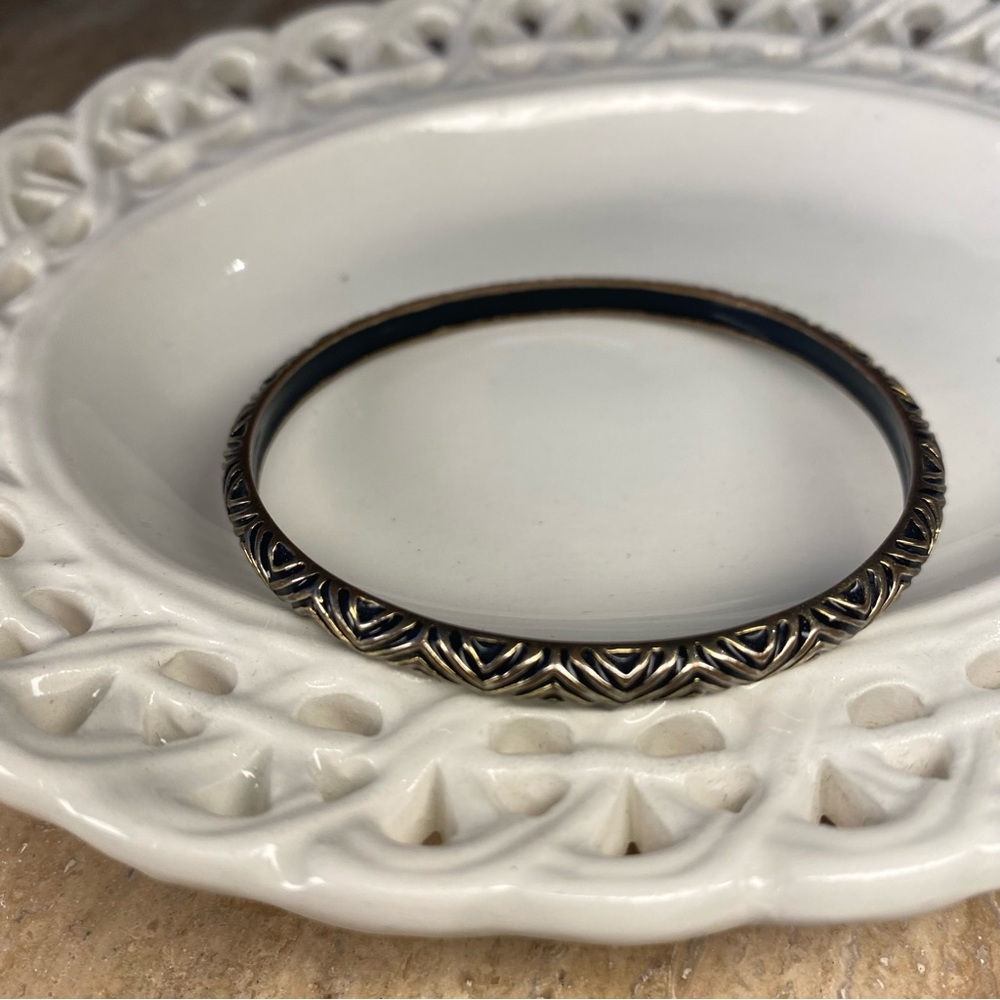 Black and Gold-Tone Textured Engraved Bangle Bracelet
